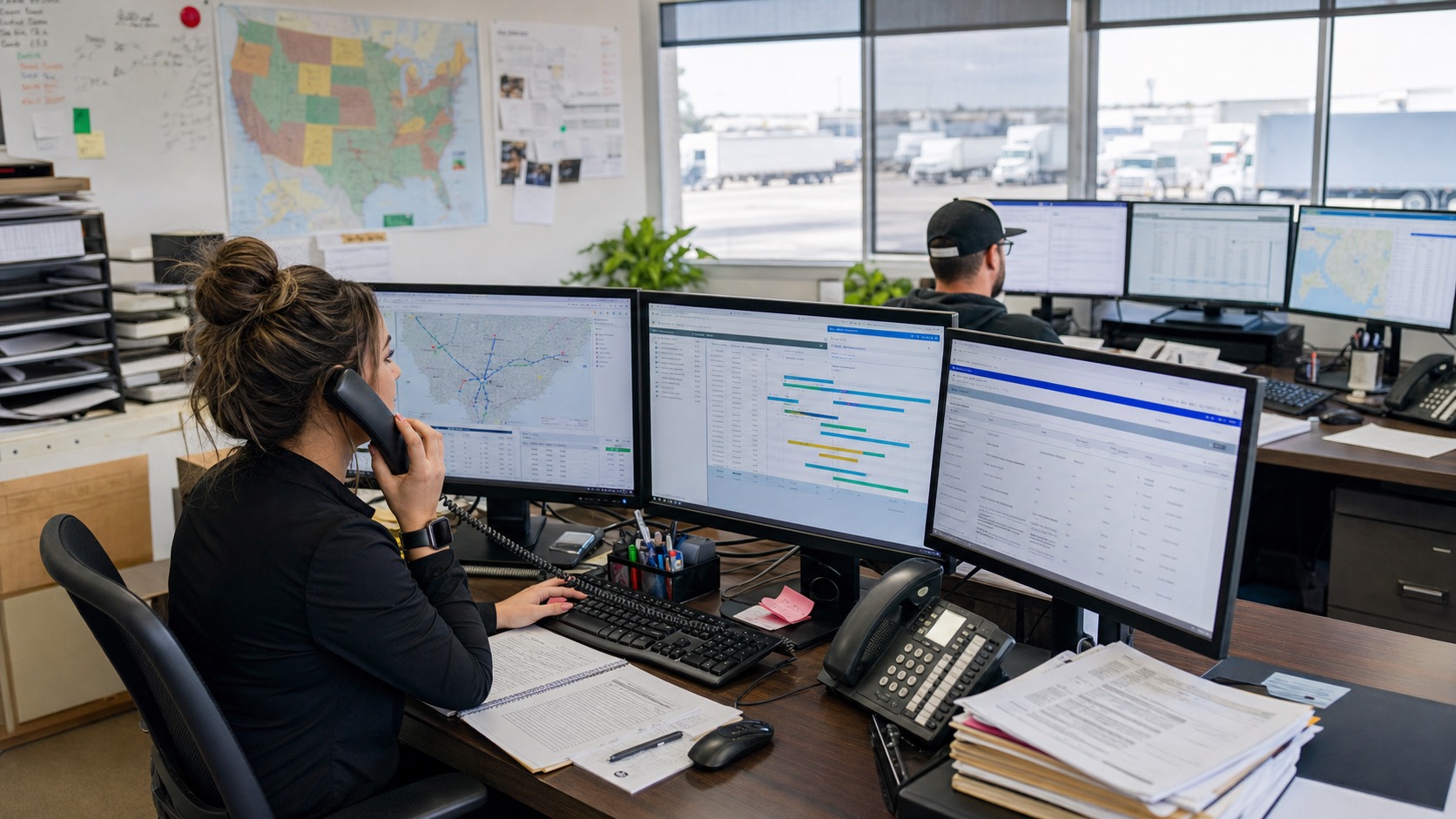 Dispatcher office coordinating live freight loads
