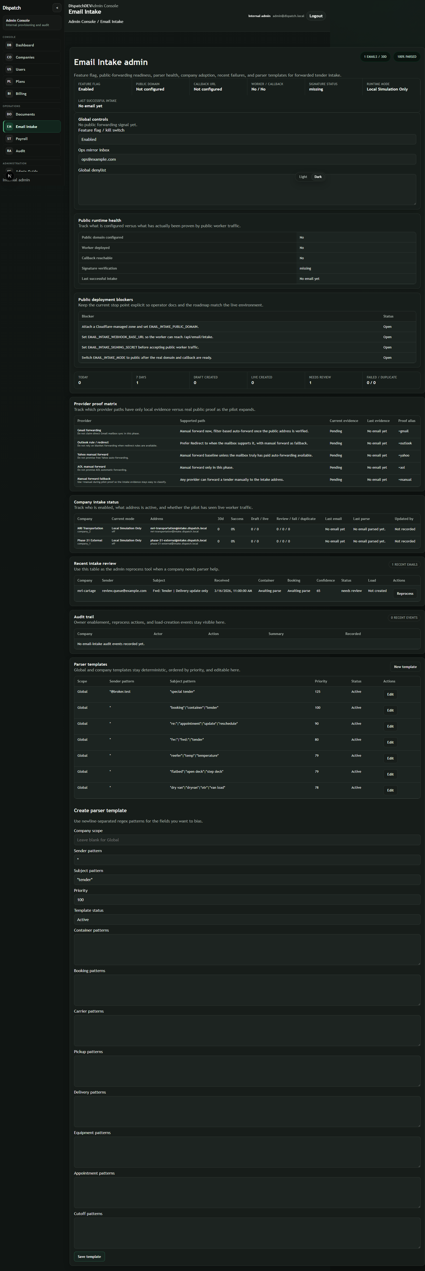 DispatchAi intake runtime view